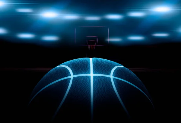 Vykreslování Jednoho Černého Basketbalu Jasně Modrými Zářícími Neonovými Liniemi Pod — Stock fotografie
