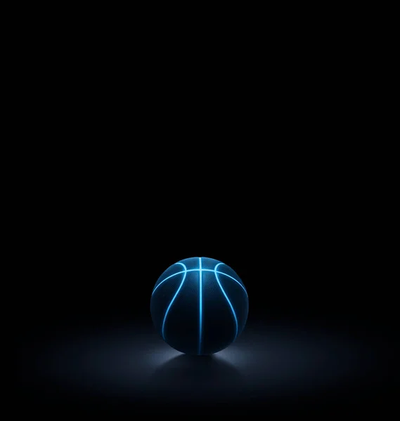 完全に黒い環境に座って明るい青い輝くネオンラインを持つ単一の黒いバスケットボールの3Dレンダリング — ストック写真