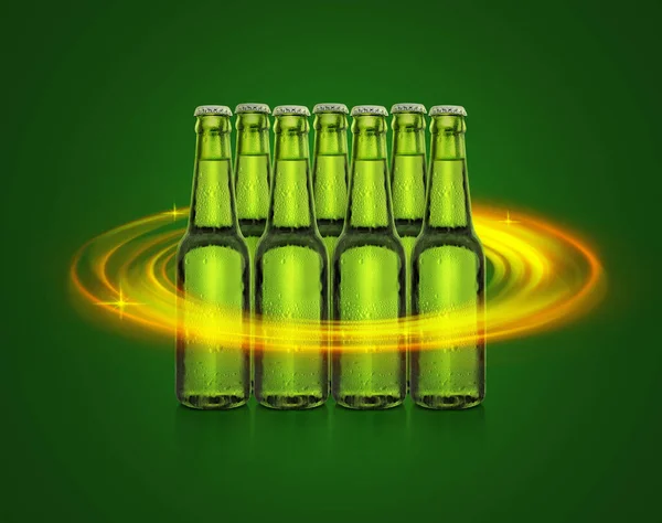 Botella Cerveza Con Gotas Agua Bebida Fría Sobre Fondo Verde —  Fotos de Stock