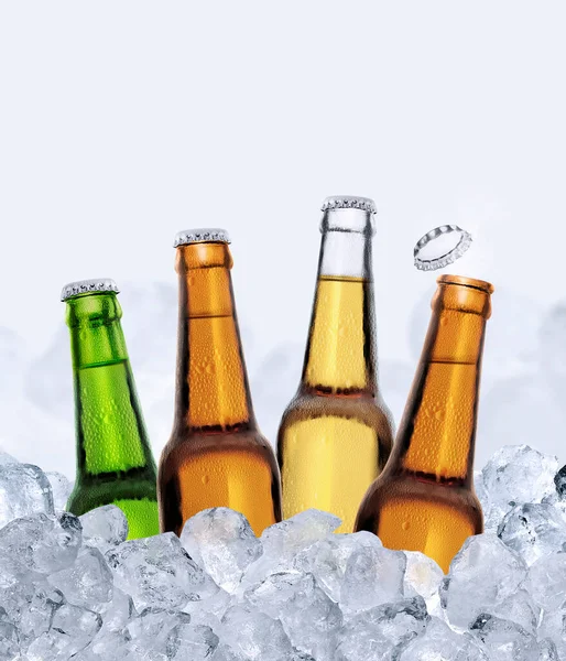 four bottles of beer in ice cubes isolated on white background. 3d render