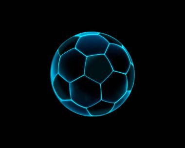 Soccer ball or football with futuristic blue glowing neon lights on a dark background, wide image. 3d rendering clipart