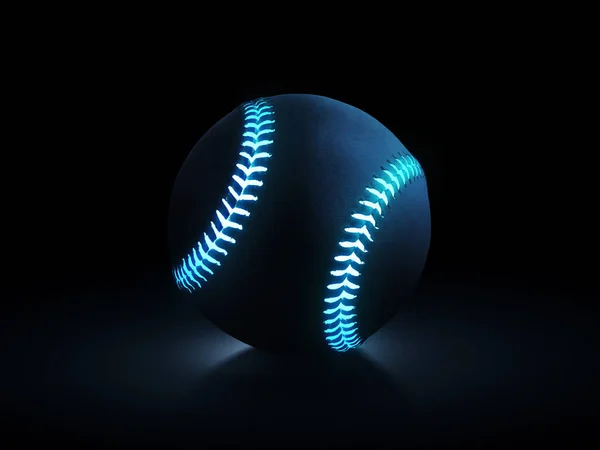 Rendering Singola Palla Baseball Nera Con Linee Neon Luminose Blu — Foto Stock