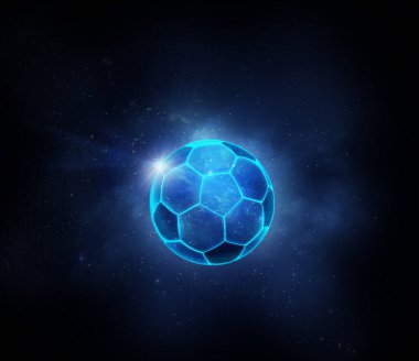 Fütüristik mavi ışıklı futbol topu. Top oyunu konsepti. 3d hazırlayıcı