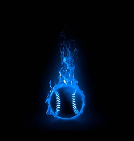 Palla Baseball Fiamme Azzurre Sfondo Nero Rendering — Foto Stock