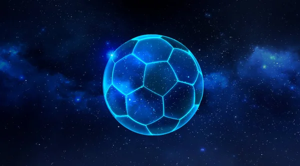 足球或足球与未来的蓝色发亮的霓虹灯从太空漂浮在地球上的观点 3D渲染 — 图库照片