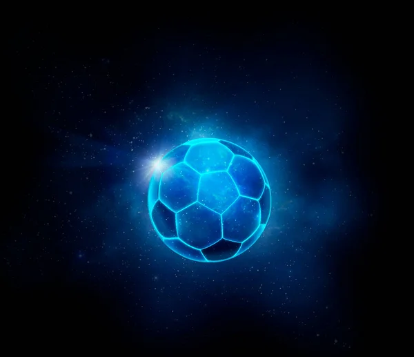Bola Futebol Com Luzes Néon Brilhantes Azul Futurista Conceito Jogo — Fotografia de Stock