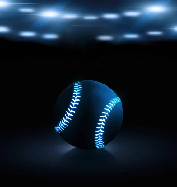 スタジアムの照明の下で黒の背景に明るい青輝くネオンラインとシングルブラック野球ボールの3Dレンダリング — ストック写真