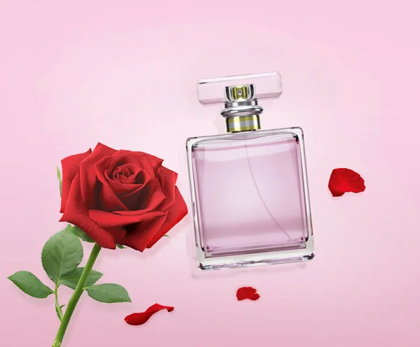 stock image perfume bottle with rose flowers on pink background