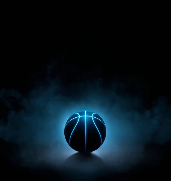 Черный Баскетбол Ярко Голубыми Светящимися Неоновыми Линиями Черном Фоне Дымом — стоковое фото