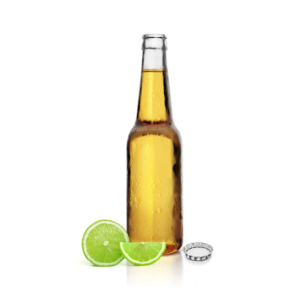 Pivní Láhev Citronem Bílém Pozadí — Stock fotografie
