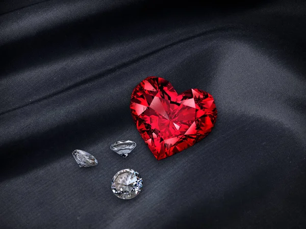Red Heart Shaped Diamond Dark Color Fabric Background Render — 图库照片