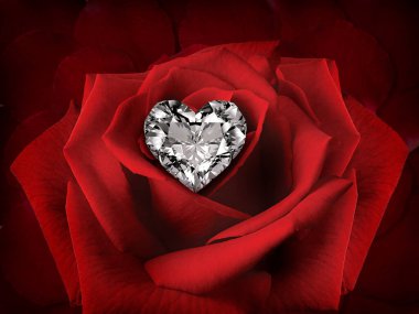 Diamond heart on a Rose Flower on background of beautiful red rose petals