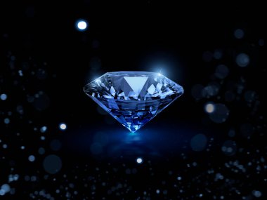 Mavi kesim elmas. Siyah arka planda soyut ışıklarla. 3d hazırlayıcı