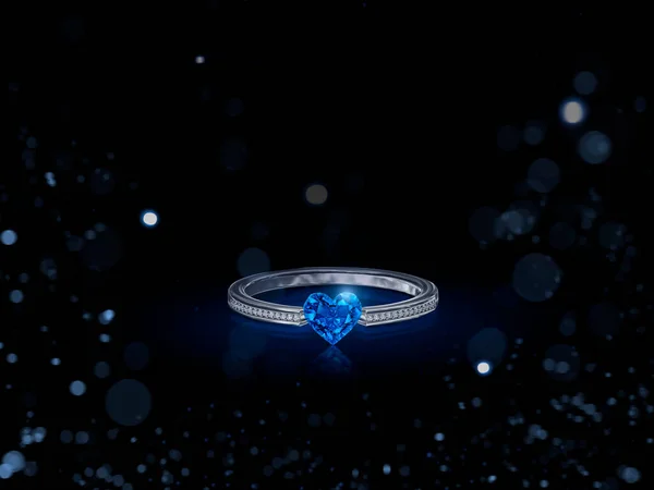 Diamanten Ring Blauw Hartvormig Zwarte Achtergrond Met Abstracte Lichten Renderen — Stockfoto