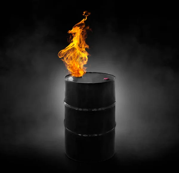 Black Oil Barrel Flames Black Background Smoke — Stock Photo, Image