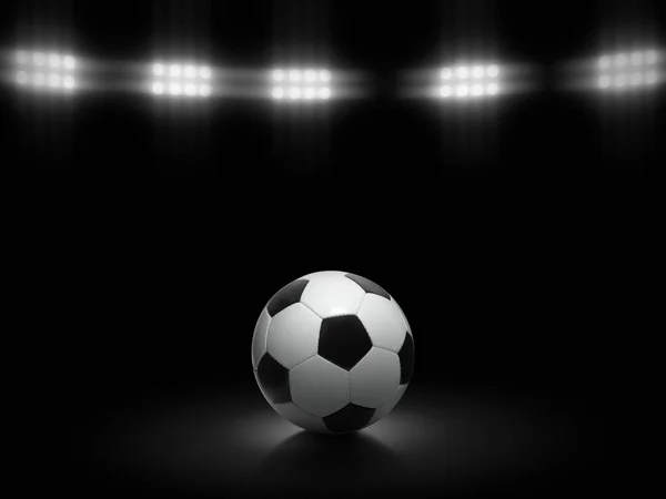 Μπάλα Ποδοσφαίρου Μαύρο Φόντο Κάτω Από Φώτα Του Σταδίου — Φωτογραφία Αρχείου