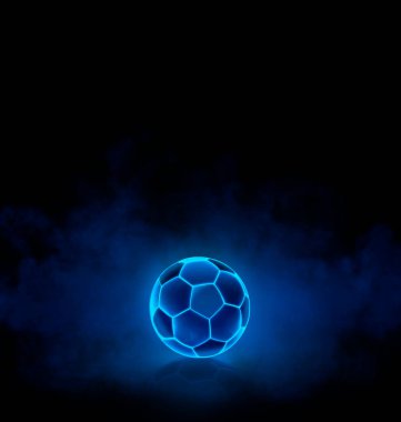 Koyu arkaplanda parlak mavi parlak neon çizgileri olan futbol topu dumanlı. 3d hazırlayıcı