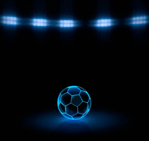 Piłka Nożna Jasnoniebieskimi Świecącymi Neonami Czarnym Tle Pod Światłami Stadionu — Zdjęcie stockowe