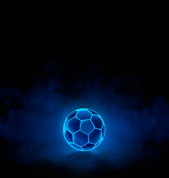 Футбольный Мяч Ярко Синими Светящимися Неоновыми Линиями Темном Фоне Дымом — стоковое фото