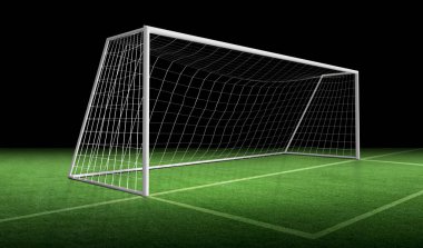 Futbol kale direği ve yeşil çimlerde futbol ağı