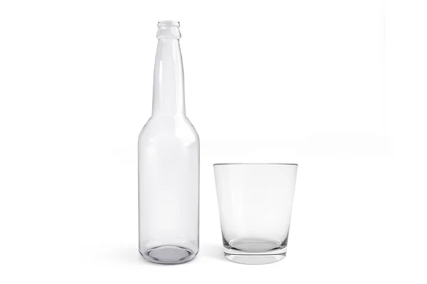 Γυάλινο Άδειο Μπουκάλι Και Ποτήρι Λευκό Φόντο Απόδοση — Φωτογραφία Αρχείου