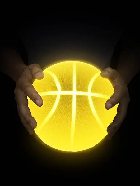 Basketball ball bright yellow neon lights in male hands