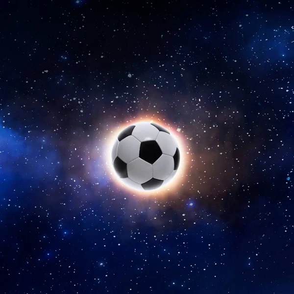 Μπάλα Ποδοσφαίρου Στη Θέα Του Πλανήτη Από Διάστημα — Φωτογραφία Αρχείου