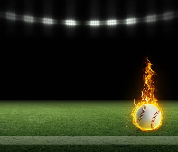 Fire Baseball Ball Grass Field Stripe Black Background Lights — Stock Photo, Image