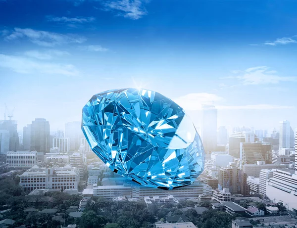 Blue cut diamonds on the big city landscape. Diamond trading business concept