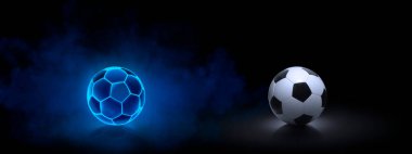 Parlak mavi neon çizgileri olan futbol topu ve koyu arkaplanda dumanlı futbol topu.