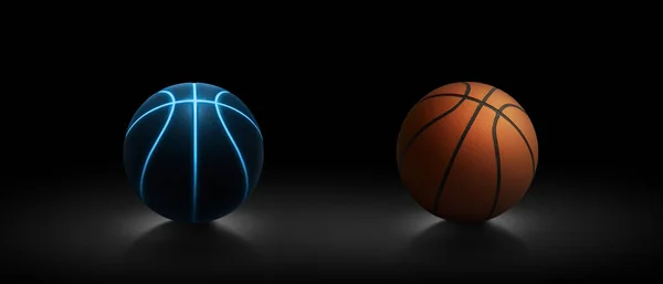 Basketbal Jasně Modrými Zářícími Neonovými Liniemi Basketbalový Míč Tmavém Pozadí — Stock fotografie