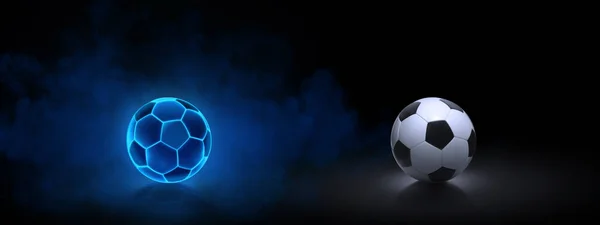 Soccer ball with bright blue glowing neon lines and Soccer ball on dark background with smoke