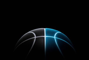 Siyah basketbol ve parlak mavi neon çizgileri olan siyah basketbol. Basketbol oyunu konsepti