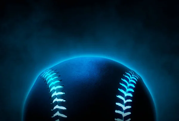 烟尘背景下带有明亮蓝色发光霓虹灯线的单个黑色棒球 — 图库照片