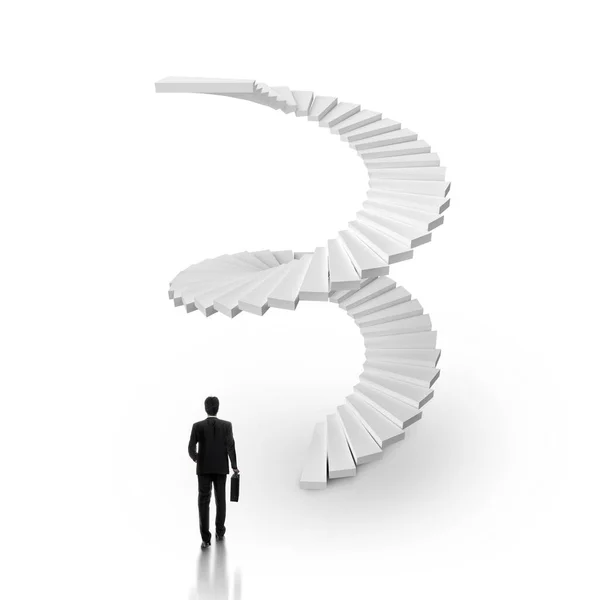 白地に螺旋階段を上るビジネスマン — ストック写真