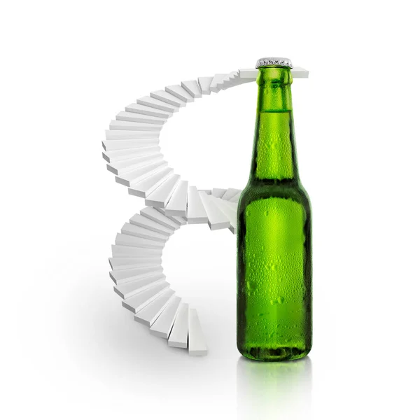 Спіральні Сходи Піднімаються Зелена Пляшка Свіжого Пива Краплями Конденсату Білому — стокове фото