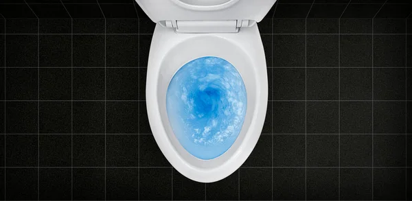 Ovanifrån Toalettstolen Blå Tvättmedel Spolning Den — Stockfoto