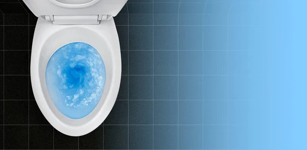 Tampilan Atas Toilet Mangkuk Deterjen Biru Memerah Dalamnya — Stok Foto