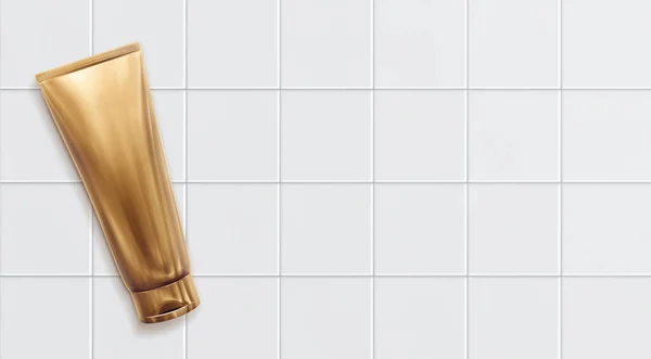 Вид Сверху Золотая Пластиковая Косметическая Трубка Макета Крема Геля Фоне — стоковое фото