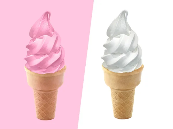 Strawberry Vanilla Ice Cream Cone White Prink Background — Stock Photo, Image
