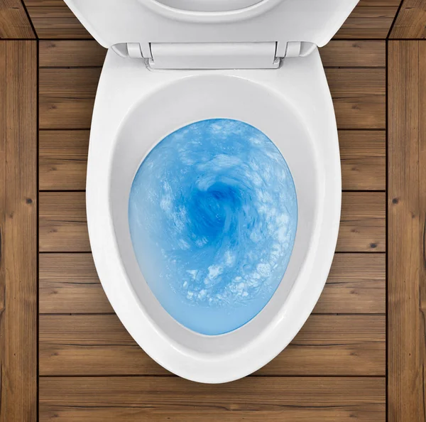 Bovenaanzicht Van Toilet Kom Blauw Wasmiddel Doorspoelen Erin — Stockfoto