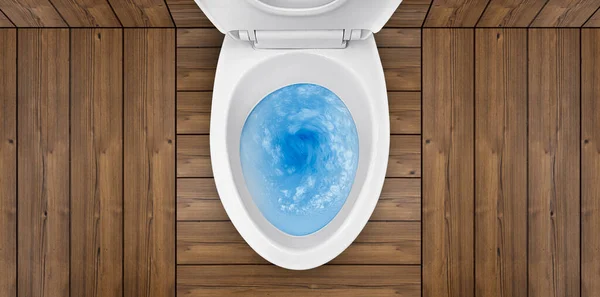Ovanifrån Toalettstolen Blå Tvättmedel Spolning Den — Stockfoto