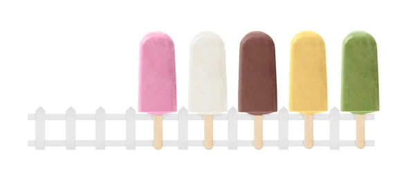 白い背景にアイスクリームと白い木製のフェンス 夏と甘いメニューのコンセプト — ストック写真
