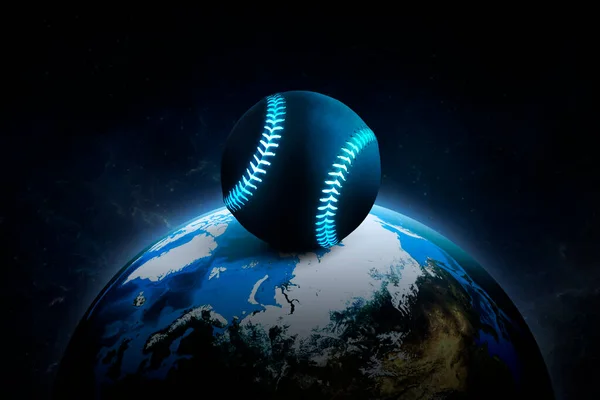Honkbal Bal Met Felblauwe Gloeiende Neonlijnen Nacht Wereld Ruimte Abstract — Stockfoto