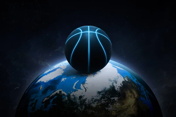 Чорний Баскетбол Яскраво Блакитними Світяться Неоновими Лініями Нічному Світі Космічному — стокове фото