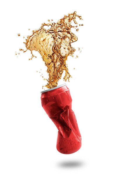 Cola splashing out of a red can isolated on white background