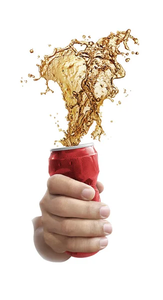 Latas Comprimidas Mão Cola Salpicando Para Fora Uma Lata Vermelha — Fotografia de Stock