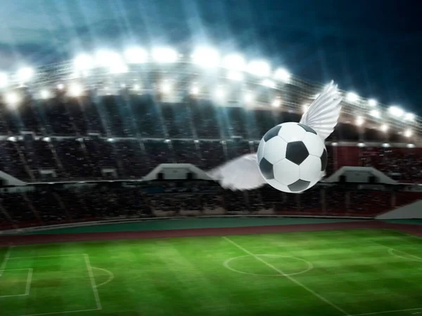 soccer ball have wings fly, soccer goal on stadium in night