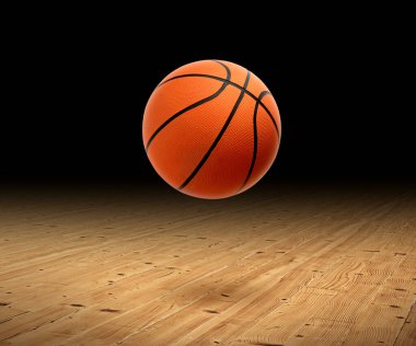 ahşap spor salonu zemin üzerine koyu bir arka plan ile basketbol