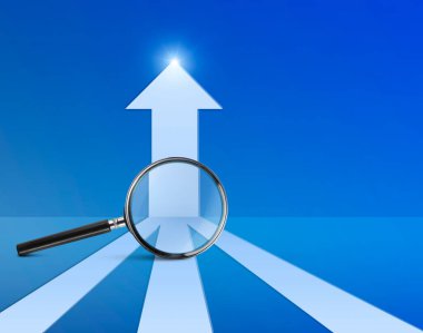 Büyütme camı ve büyüme konsepti işadamı ok grafiğini işaret ediyor şirketlerin gelecekteki büyüme planı